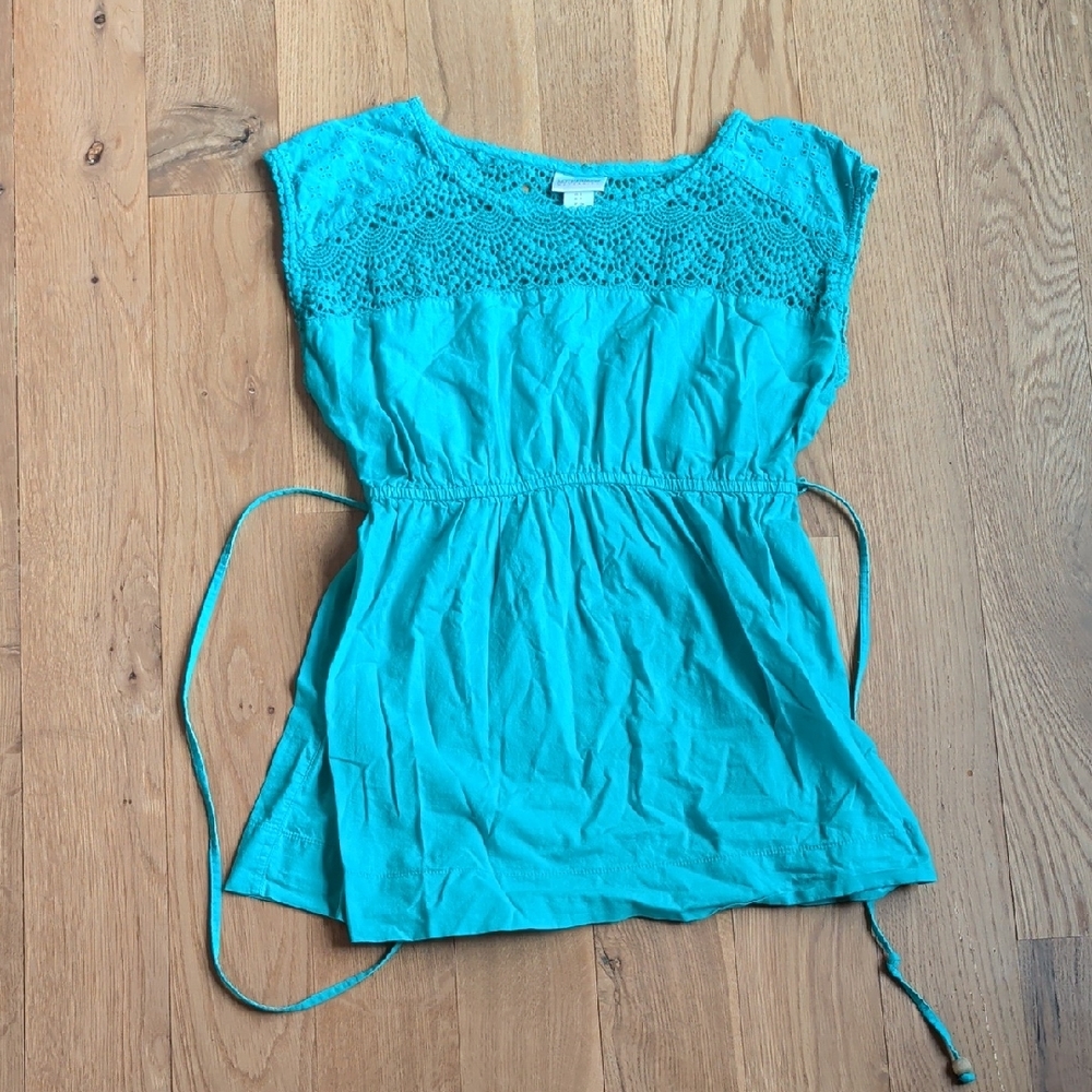Motherhood Teal Crochet Yoke Tie-Waist Tunic